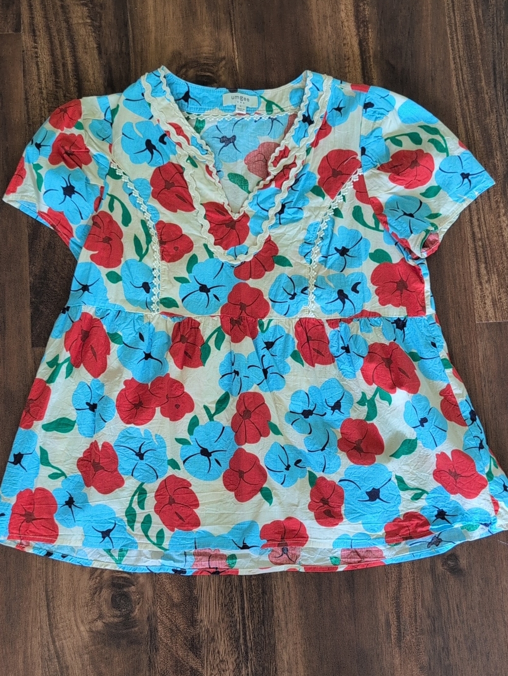 Umgee Floral V-Neck Top in Blue, Red & Green